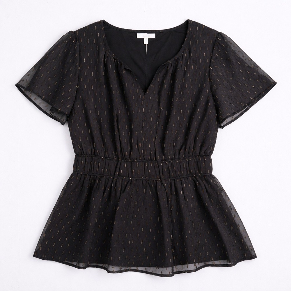 Black Metallic Clip Dot Peplum Top Smocked Waist Flutter Sleeve Women's L Party